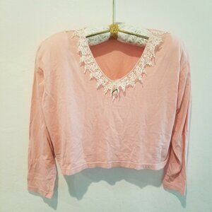 Vintage Marteeni Pink Women's One Size V-Neck Cropped Top Lace 3/4 Sleeve Peach